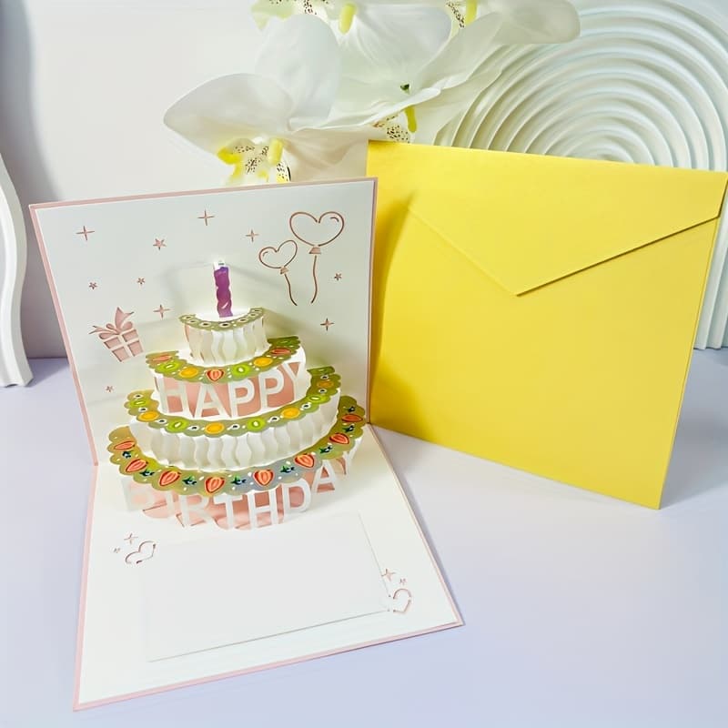 TEMU 3d Pop-up Chocolate Cake Birthday Card - Cartoon Design, English Text, Suitable For Everyone