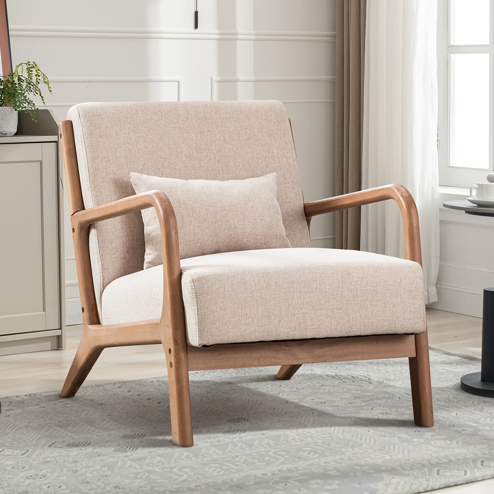 TEMU Accent Chair Mid-century Modern Chair With Pillow Linen Fabric Upholstered Lounge Arm Chair With Solid Wood Frame & Soft Cushion For Living Room, Bedroom, Balcony