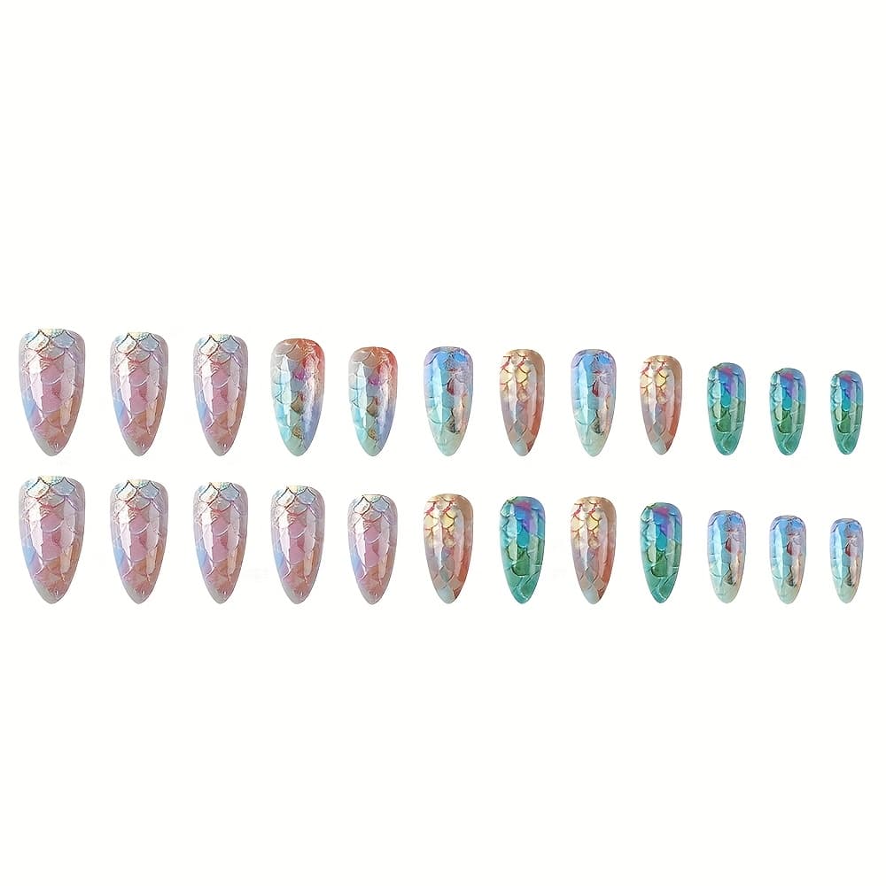 TEMU 24pcs Glossy Colorful Scales Fake Nails With Gradient Glitter Artificial Reusable False Nails For Women And