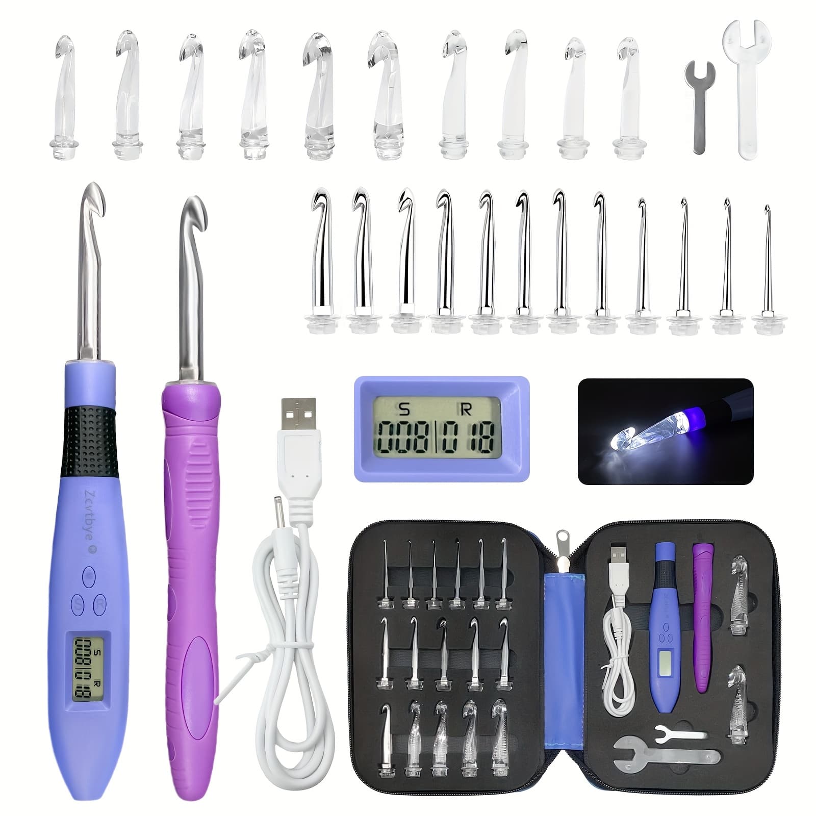 TEMU Crochet Hooks In Sizes 18 And 22, Featuring For And Row Counters, Illuminated Interchangeable Needles, And Ergonomic Designs With Dual-level Led Lights