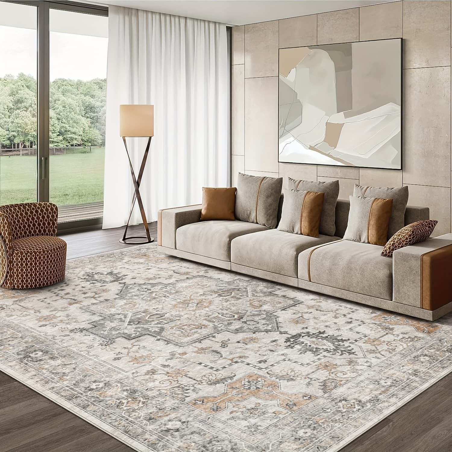 TEMU Living Room Area Carpets, Vintage That Are Machine Washable And Non-slip, Lightweight Chenille Print Rugs Suitable For Bedrooms, Dining Areas, And Home Offices, In A Light Taupe Brown Color