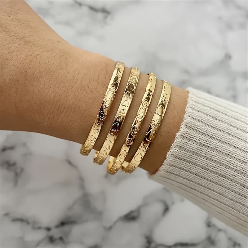 TEMU 4pcs/set Exquisite Bracelet Carved And Other Patterns Heart Floral Retro Bohemian Style Bracelet Set Women Gifts
