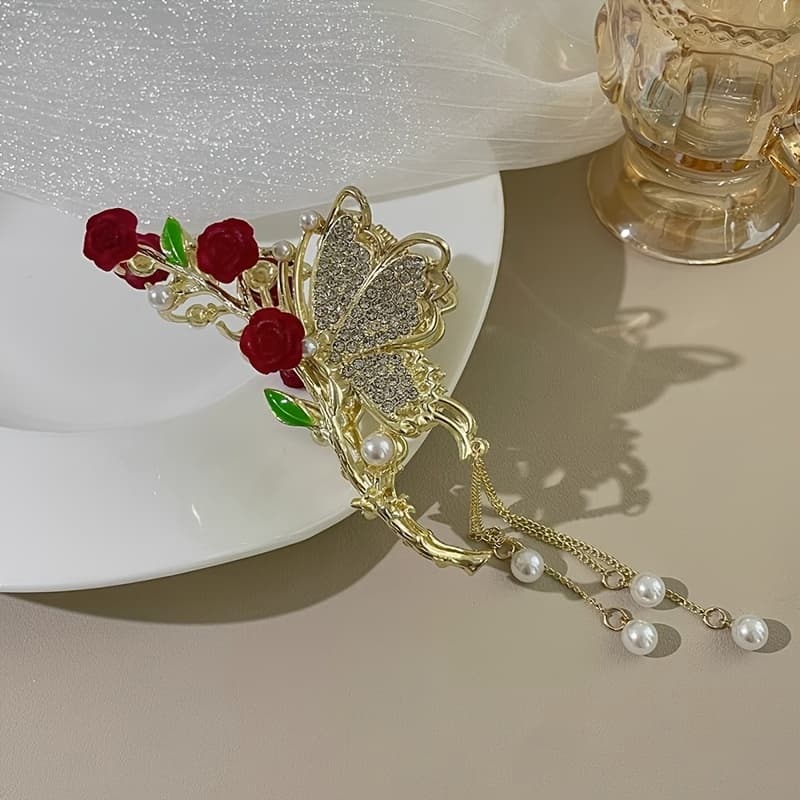 TEMU 1pc Flower Hair Additions, Tassel Alloy Shark Clip, Large Hair Clip, Women's Elegant Hair Clip, Suitable For Daily And Holiday Use