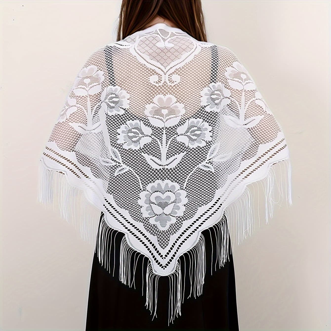 TEMU 1pc Fashion Hollow-out Fringe Scarf Shawl, Evening Gown Bride Bridesmaid Wedding Headscarf