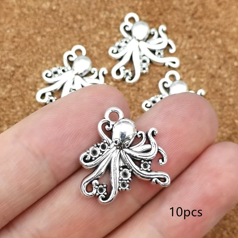 TEMU 21x21mm Cute Little Octopus Charm Pendant In Antique Silvery For Handmade Earrings, Bracelets, Necklace Additions, Bags, Keychain Pendants, Components, 10pcs