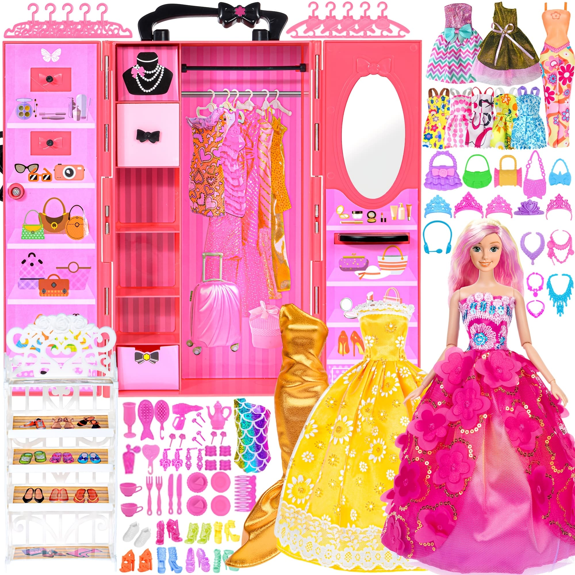 TEMU 105pcs Doll Clothes (no Doll) And Additions Doll Closet Playset Wardrobe Toys For 11.5 Inch Girl Doll Including Wardrobe, Shoe Rack, Dress, Shoe Hangers, Christmas Gift For Kids Aged 3-12