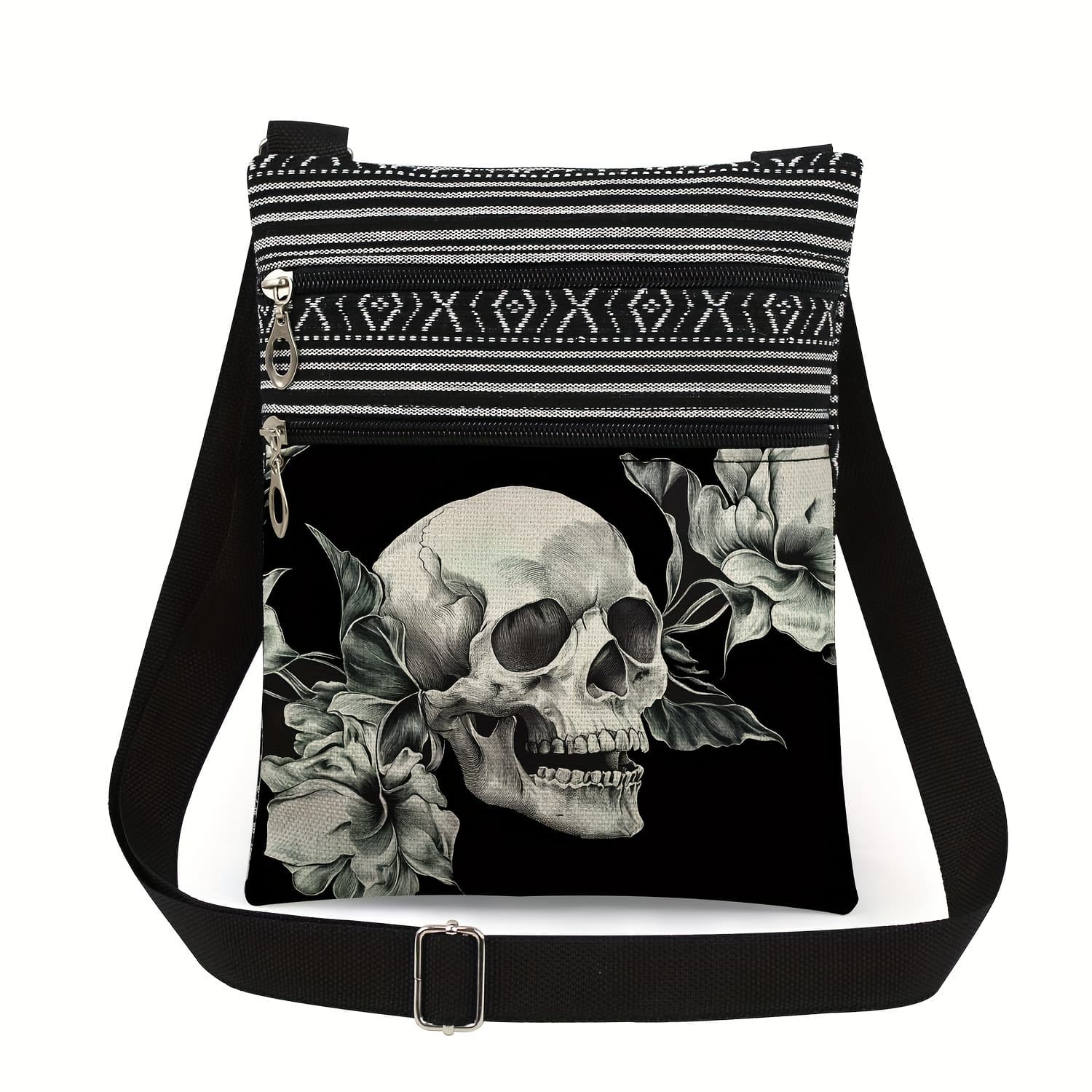 TEMU Skull And Floral Print Crossbody Bag For Men – Stylish Striped Shoulder Bag With Adjustable Strap, Travel, Phone, Cards, And Storage, Small Crossbody Bag