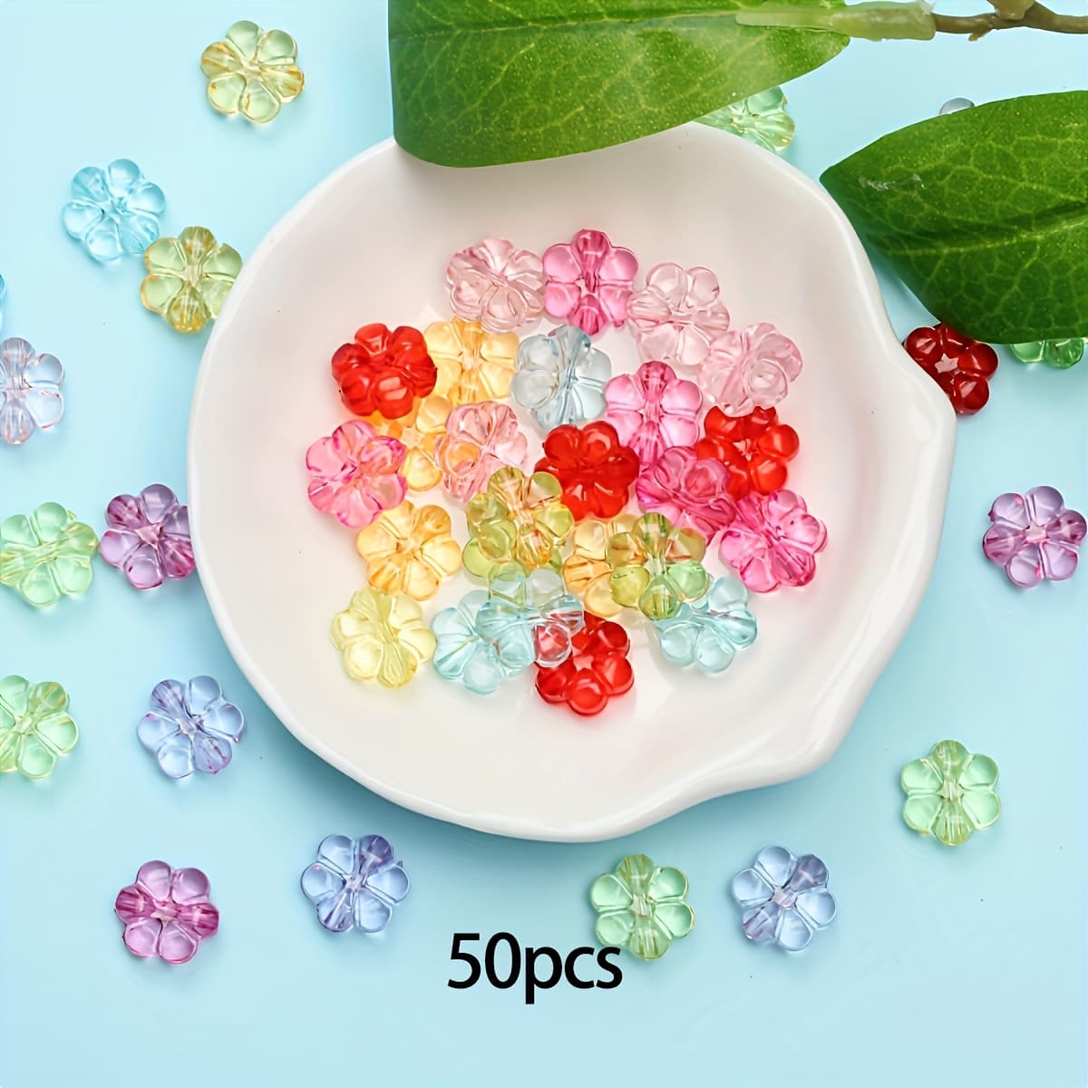 TEMU 50pcs Transparent Multicolor Flower Beads Compatible For Making - Multicolor Transparent Round Beads For Necklace, Bracelet, Keychain Crafting - Handmade Accessories With Random Flower Bead Mix