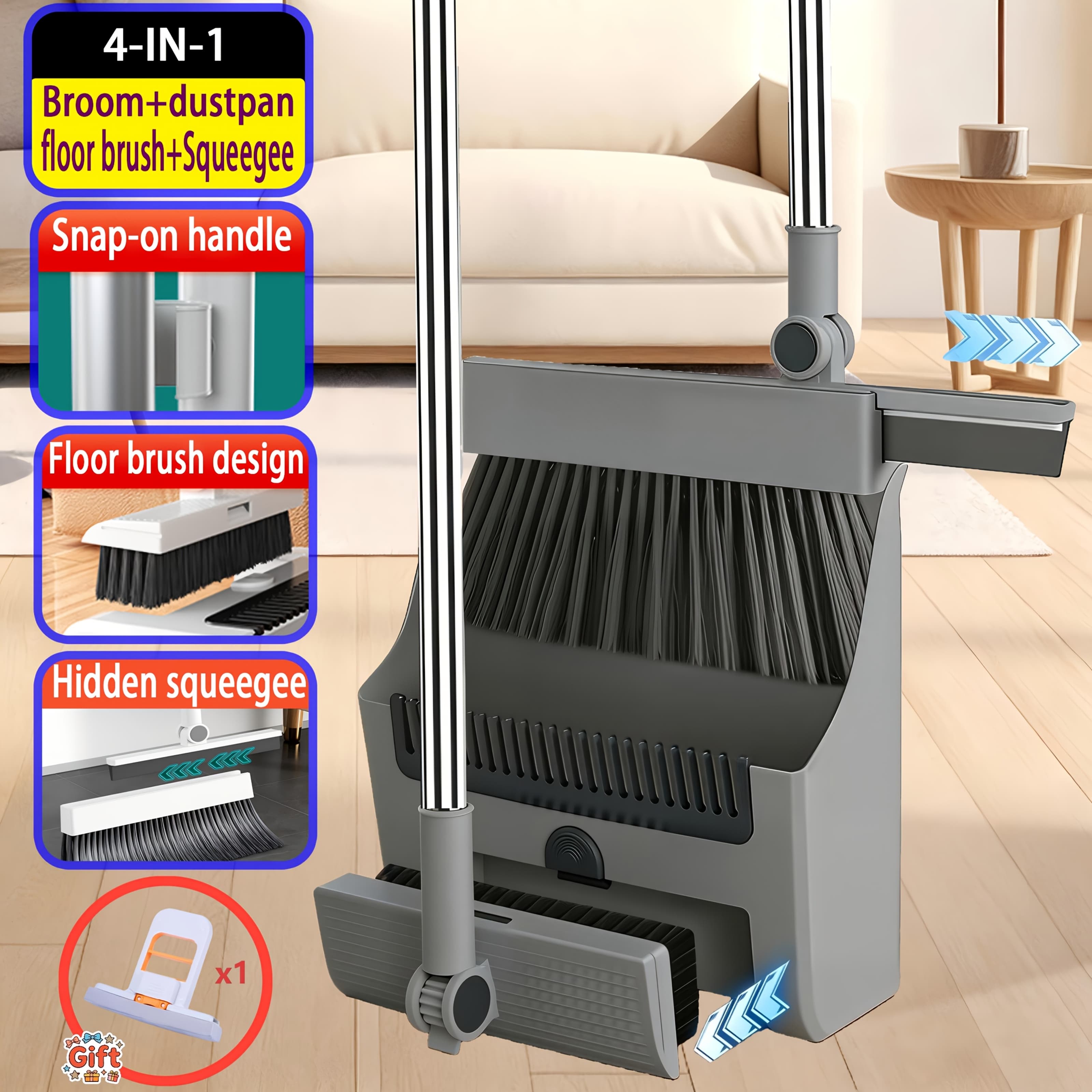TEMU Upgraded & 3-in-1 Broom Set With Broom, Dustpan, Wiper And Floor Brush, Household & Commercial Cleaning Tools For Home, Office, Garden, Restaurant