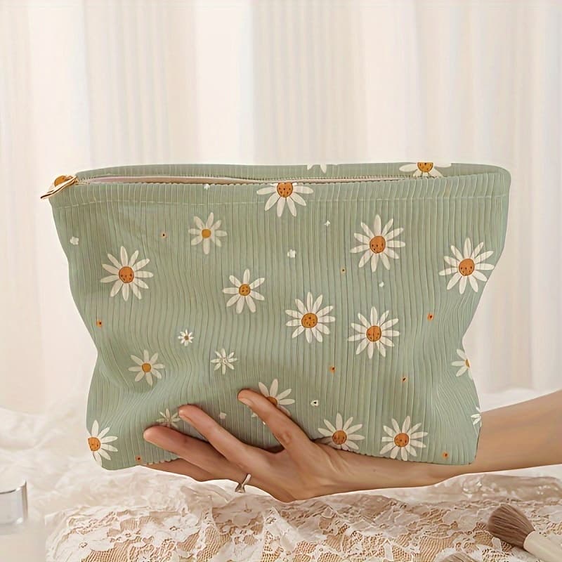 TEMU Chrysanthemum Patterned Corduroy Zippered Storage Bag, Lightweight Makeup Pouch, Multifunctional Toiletry Bag With Lining