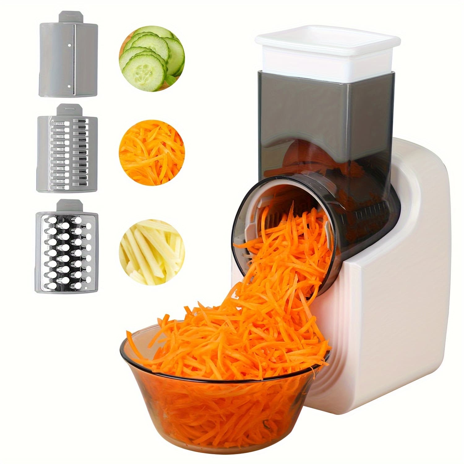 TEMU Electric Cheese Grater, Electric Slicer , Electric Vegetable Slicer Salad Maker, Fruit Cutter, Food Processor Spiralizer For Fruits Veggies With Multi Cone , Stainless Steel, White
