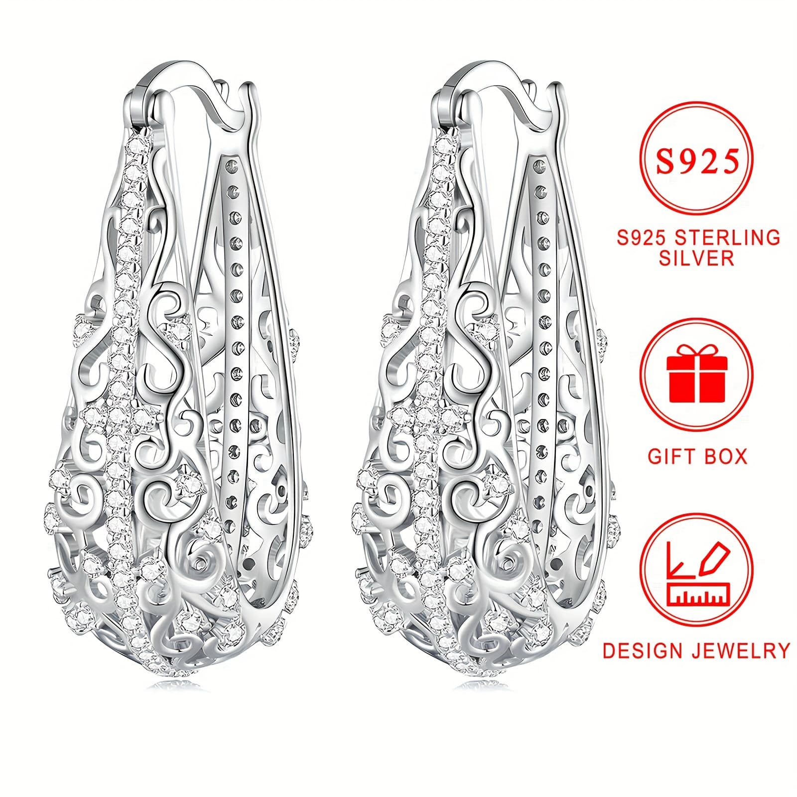 TEMU 925 Sterling Silver Large Earrings With Nickel Free Anti Allergy Women's Pattern Elegant High-end Jewelry Fashionable Luxury Gift