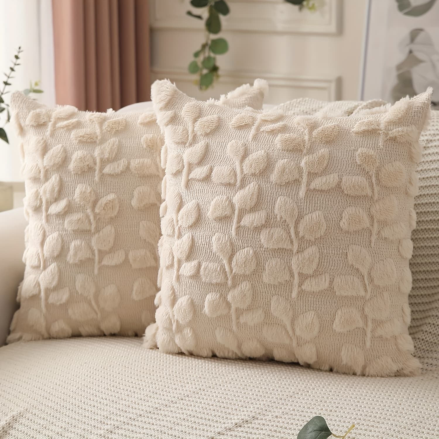 TEMU Set Of 2 Leaf Pillowcases, 18x18 Inches, Cottage Decor White Eucalyptus Plush Jacquarded Cushion Cover, Bedroom Sofa Home Decor Pillowcase