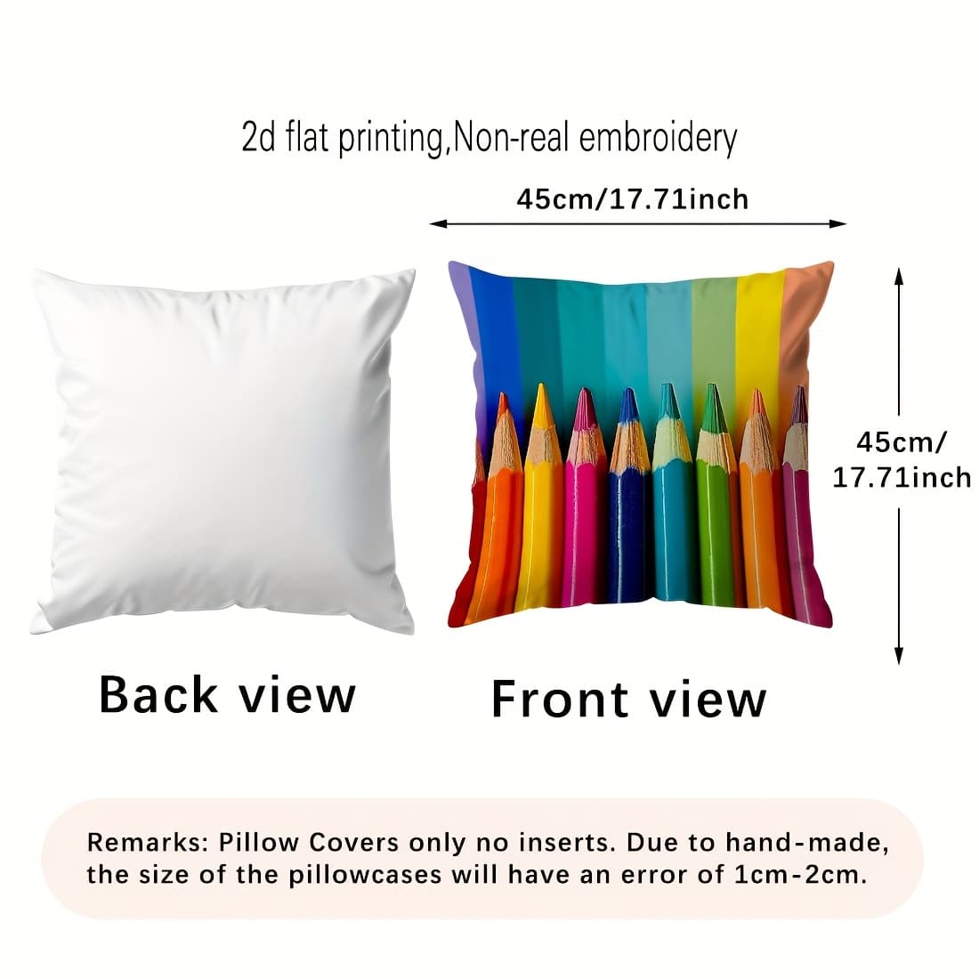TEMU 2d Flat - 2d Design 1pc Colored Pencil Back-to-school Gift Single-sided Printed Pillow Sofa Cover - Non-true Embroidery Velvet Pillowcase 45*45cm