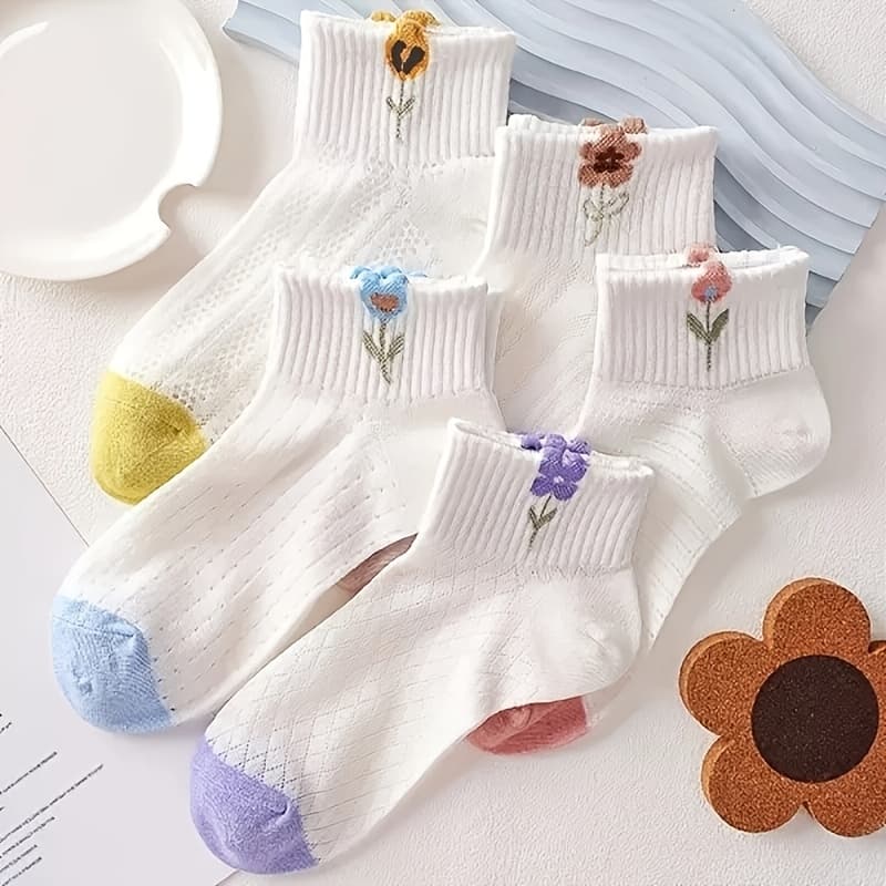 TEMU 5-pair Women's 3d Floral Mesh Ankle Socks, Breathable Hollow-out Socks, Spring/summer Breathable Comfortable Color-block Low-cut Boat Socks