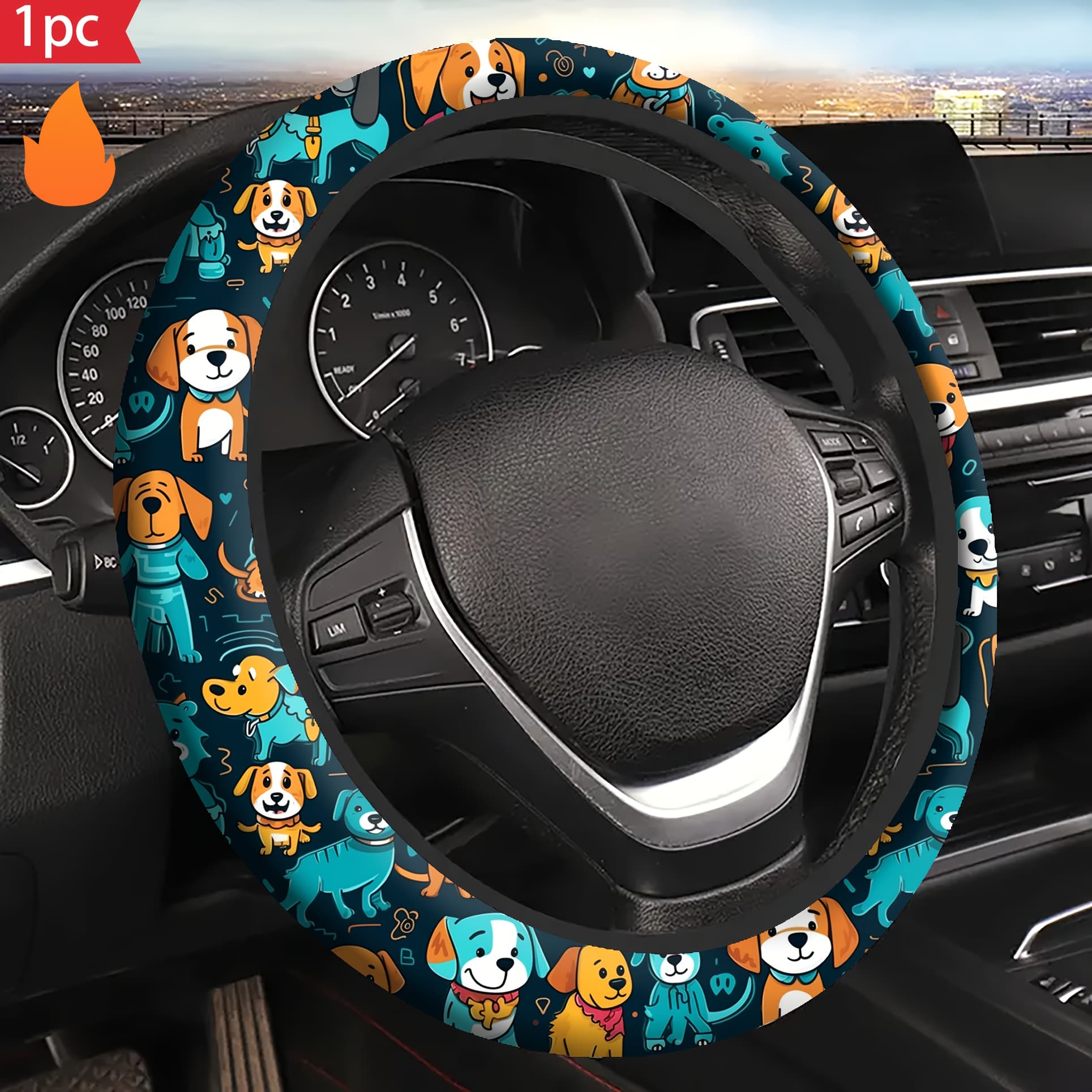 TEMU 1pc Puppy Printed Steering Wheel Cover, 15-inch Universal Fit For Most Cars, Suvs, Trucks. Anti-slip Durable Breathable Style Accessory Steering Wheel Protector