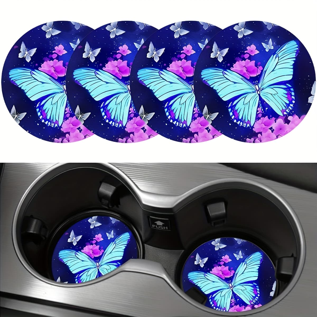 TEMU 4pcs Blue Pattern Car Coaster, 2.755-inch Round Pu Leather Decorative Car Coaster, Home And Car Water Cup Mat, Beverage Mat, Blue Coaster As A Gift For