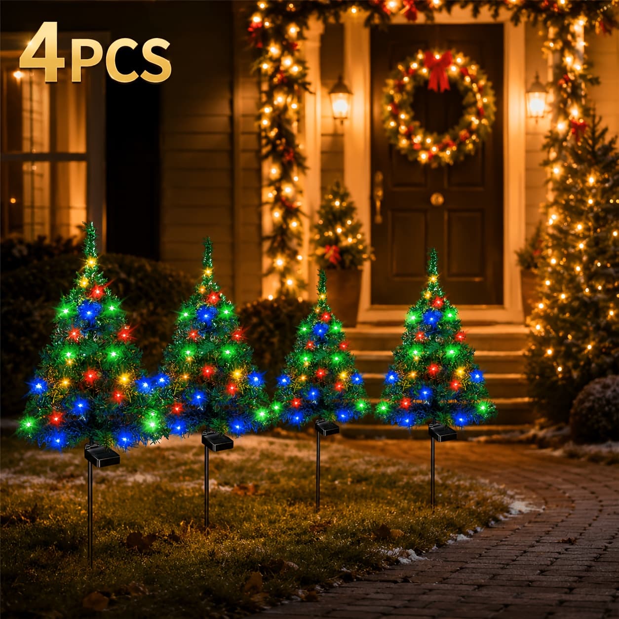 TEMU 4pcs Solar Christmas Tree Lights - Waterproof Ip65, Suitable For Outdoor Lawns, , - Durable Plastic, No Wiring Required, Solar Outdoor Lights