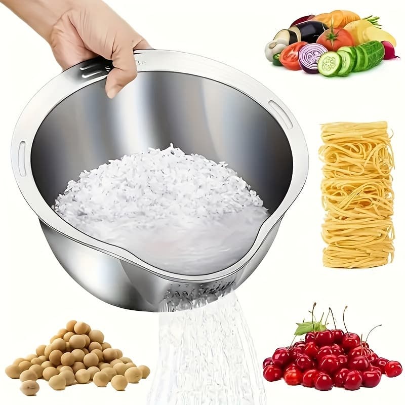 TEMU 1pc Stainless Steel Rice Washing Colander - Multifunctional Rice Washing Basin With Filter Sieve - Kitchen Supplies, , , Space-saving Design, Durable, Rust-resistant, And Dishwasher Safe