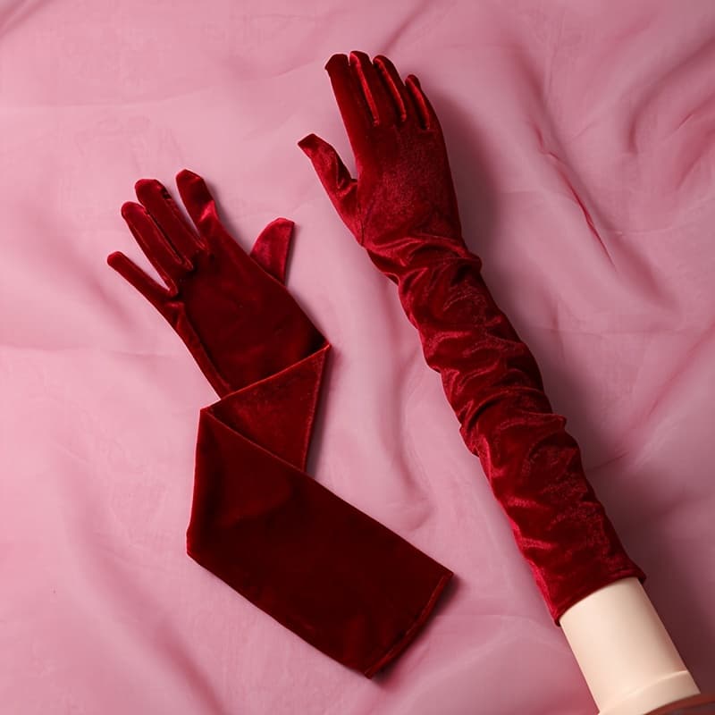 TEMU Elegant Velvet Gloves, Burgundy Full- Long Gloves For Women, Polyester, Non-stretch, Handwash Or , Solid Color, Party Accessory, Fashionable Wedding And Party Decor
