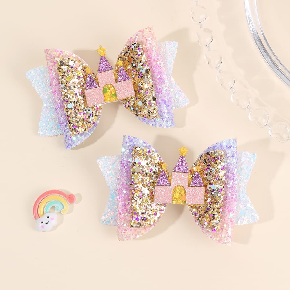 TEMU Set Of 2 Adorable Castle-shaped Hair Clips For, Featuring Multi-layered Gradient Colors And Glitter. Sparkling Hair Additions Are Perfect For Parties And Make Great Birthday Gifts