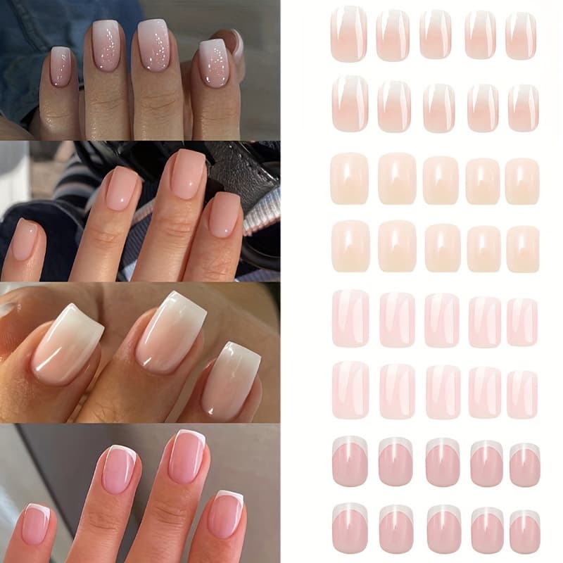 TEMU 96pcs French Gradient Short Square Press-on Nails, Style With Gradient And Solid Colors, Press-on Nail Kit With 2pcs Jelly Glue And 1pc Nail File, Suitable For Women's Nail Decoration