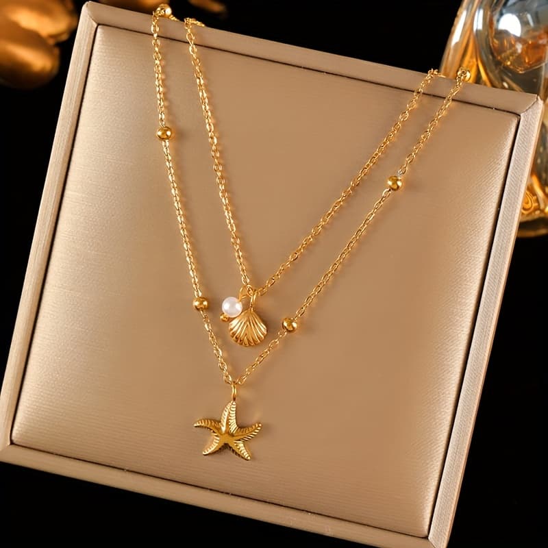 TEMU 1pc Stainless Steel Metal Double Chain Starfish Shells Pendant Necklace 18k Pvd Plated Waterproof Fashion Jewelry Women