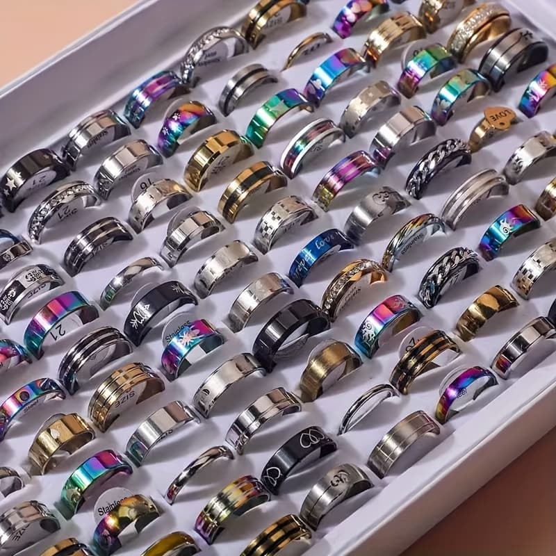 TEMU 20pcs Men And Women's Ring Fashion Vintage Pattern Carved Stainless Steel Ring, Random Style, Color, Suitable For Daily Holiday Gifts, Parties