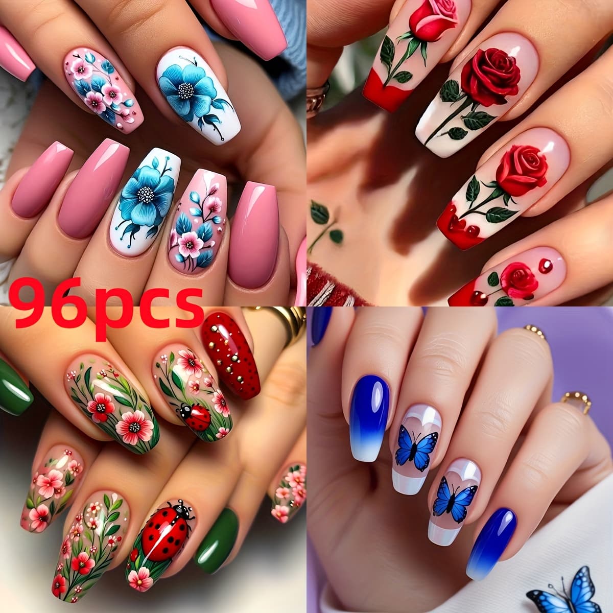 TEMU 96pcs Medium-length Ballet Press-on Nails With Flower, , And , Includes Jelly Glue And Nail File, Suitable For Women', Party, And Holiday Use