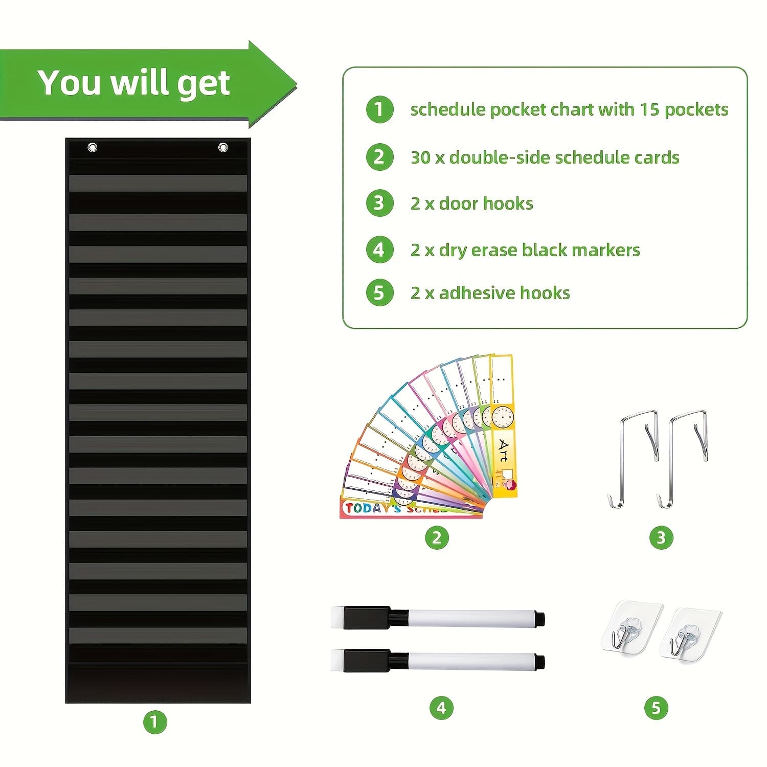 TEMU Organize Your Schedule With Ease: Large Size Daily Pocket Chart With 15 Pockets, 1 Storage Bag & 30 Reusable Cards - Perfect For Classroom, Office & Home!