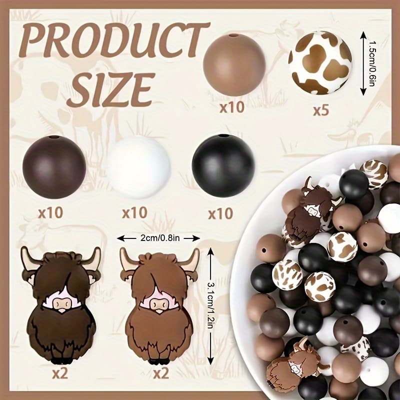TEMU 49pcs Highland Cow Silicone Beads Animal Shape Beads Cow Print Beads Deep Brown Round Spacer Beads For Diy Necklace Bracelet Keychain Gift Crafting