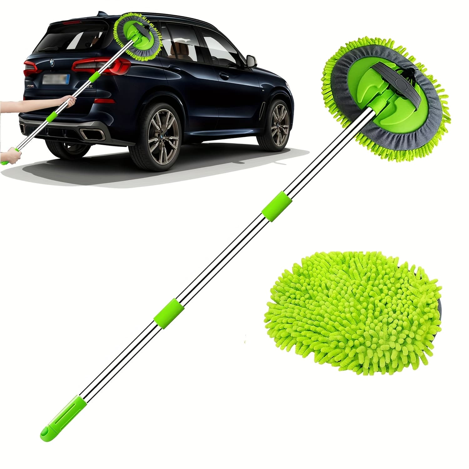 TEMU 48" Car Wash Brush Mop Cleaning Tool With Long Handle Kit For Washing Detailing Cars Truck, Suv, Rv, Trailer, Boat 2in 1 Chenille Microfiber Sponge Duster Not Hurt Paint