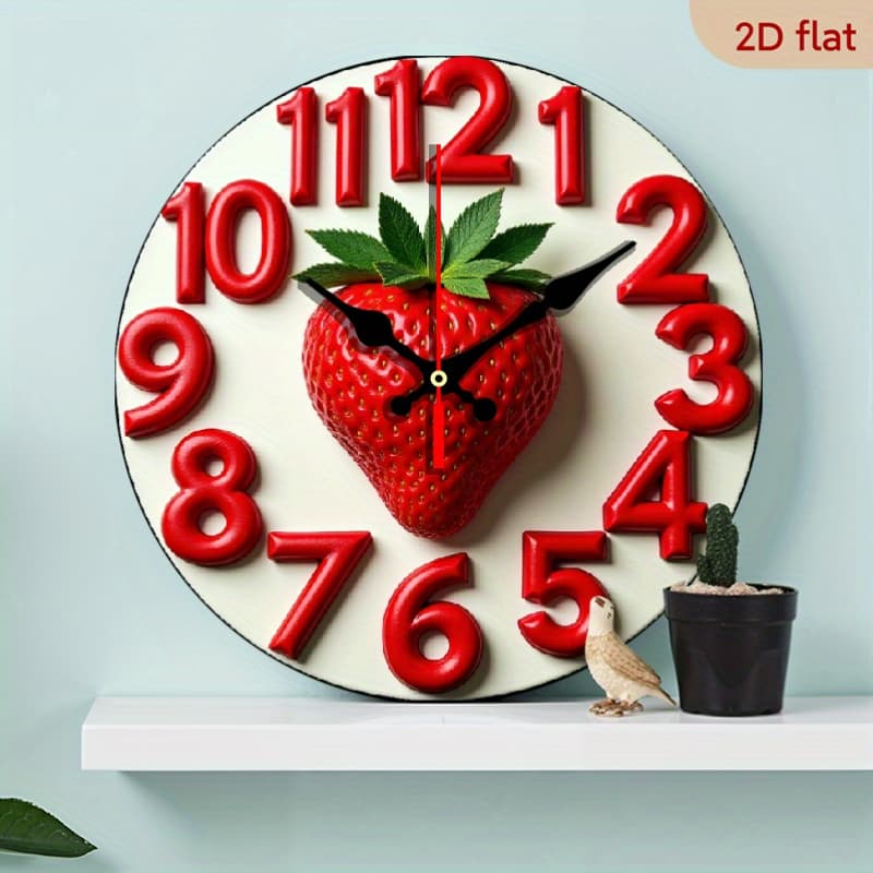 TEMU 10-inch Strawberry Wall Clock - Silent Non-ticking Battery, Room Decor With Strawberry Fruit - Artificial Wood Round Clock (aa Batteries Not Included) - Perfect Gift 10"}}}, 2d Flat