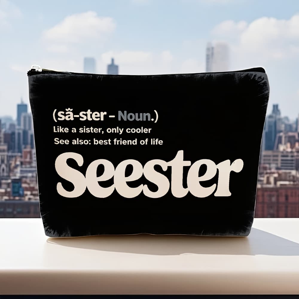 TEMU 1pc Black Makeup Bag, Printed Text Seester Easy Urban Style, Suitable For Adult Women, Multi-functional Toiletry Bag, Storage Bag, Travel Bag, Storage Goods