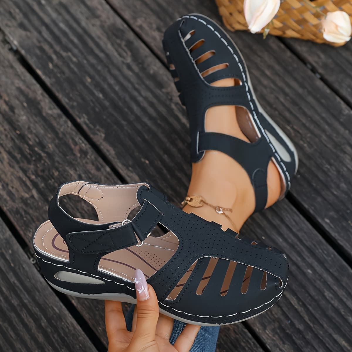 TEMU Women Sandals Women's Summer New Style Thick Bottom Round Head Slope Heel Octopus Sandals, Women Shoes