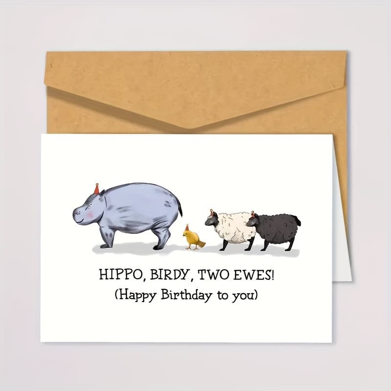 TEMU 1pc Funny Animal Birthday Card With Envelope – Hippo, Bird & 2 Ewe Design, Laser-cut "happy Birthday To You" In English, Abstract Theme For Anyone, Birthdays, Funny Birthday Cards