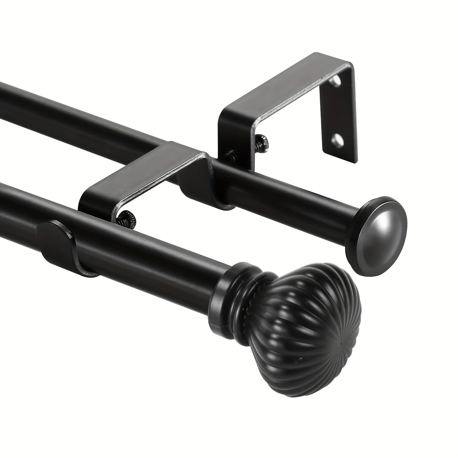 TEMU Telescoping Double Curtain Rods With Fluted Ball Finials, Curtain Rods For Windows 5/8 Inches Front And 1/2 Inches Back Double Window , Black