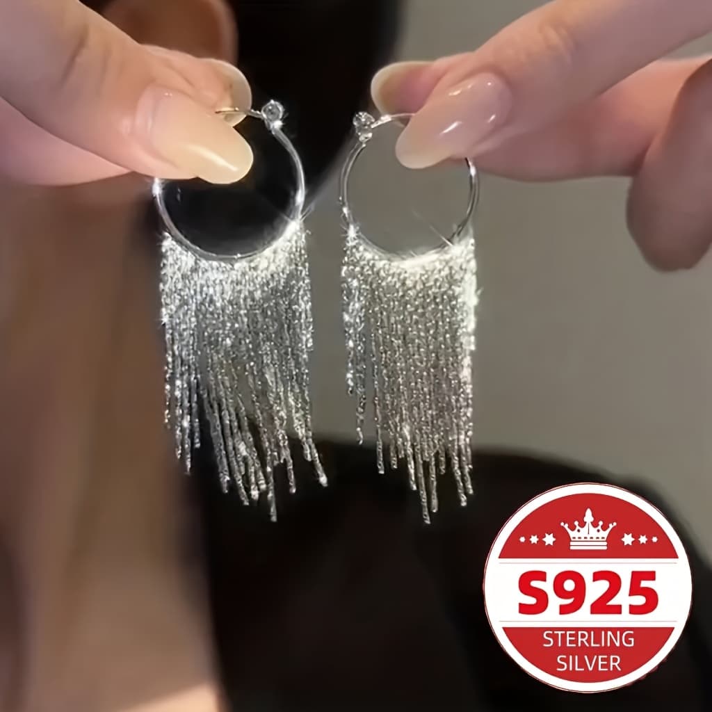 TEMU S925 Sterling Silvery Earrings With Tassel Design Pendant Earrings Elegant And Jewelry Exquisite Women's Gifts Essential For Valentine's Day Carnival Christmas Perfect Gift