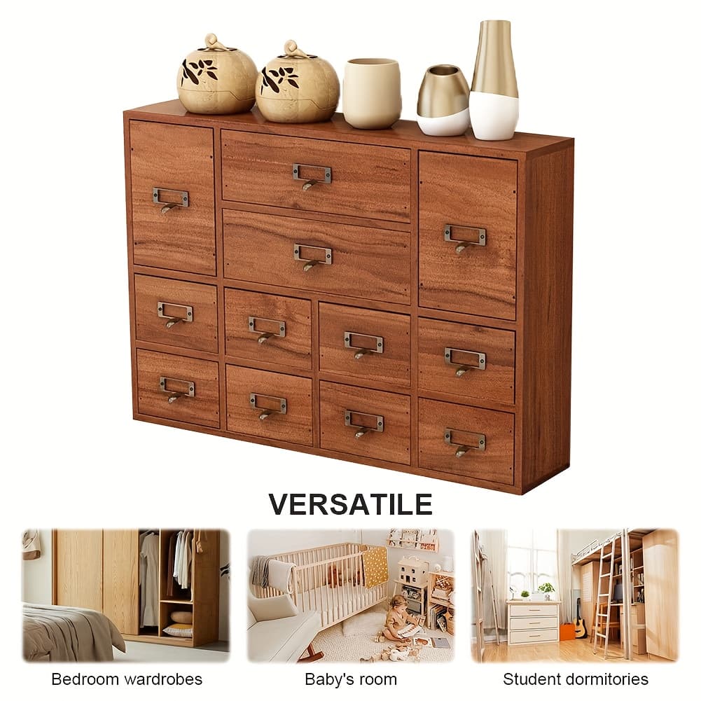 TEMU 12-drawer Wooden Apothecary Cabinet Slot And Metal Handle Tabletop Storage Box Library Cabinet For Bedroom Organization Storage