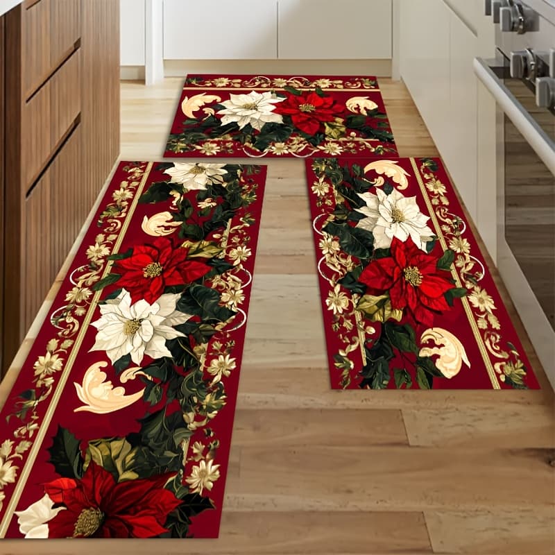 TEMU 1/2/3pcs Farmhouse Bright Flower Kitchen Mat Set, Home Decorative Mat, Flannel Material Non-slip Soft Comfortable Easy To Clean, Suitable For Bathroom Door Mat Bedroom Living Room Porch Laundry