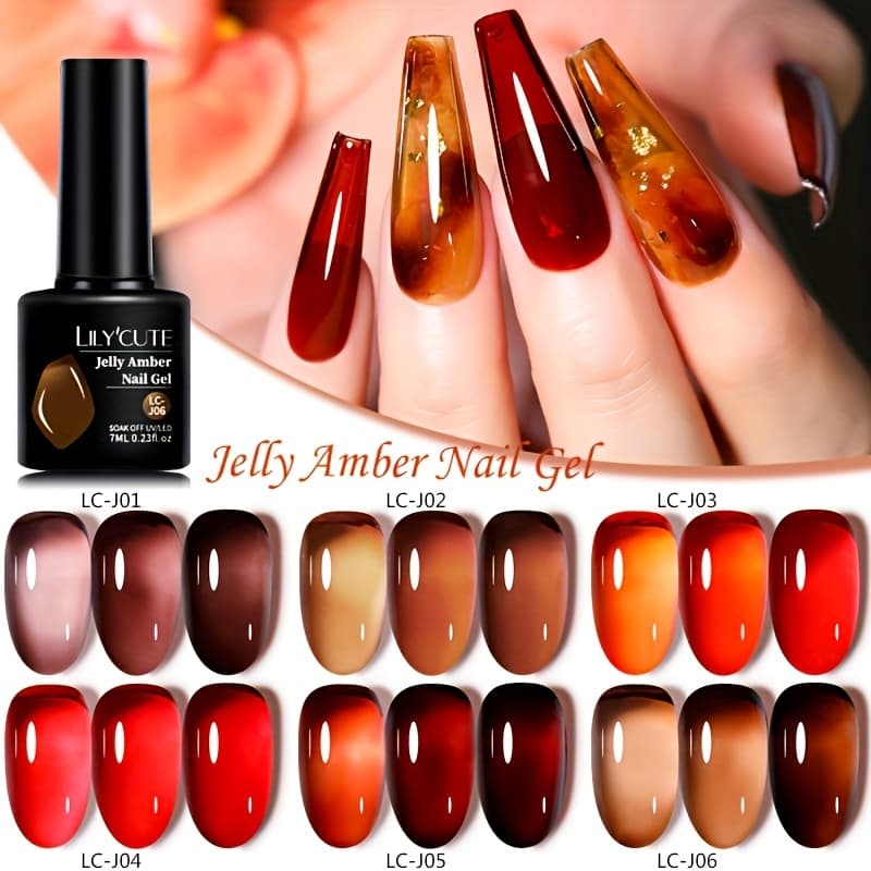 TEMU Lilycute 6-pack 7ml Jelly Amber Gel Nail Polish, Transparent Nail Gel Varnish, Durable Semi-permanent Gel, Easy Soak Off Led Nail Products