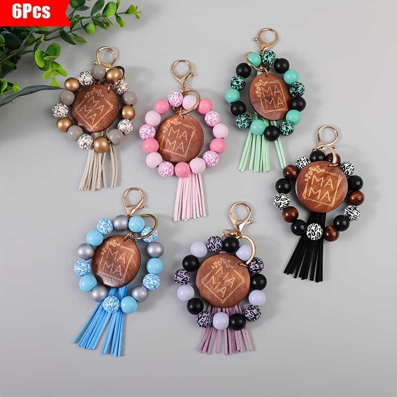 TEMU 6pcs Set Of Mama Wooden Pendantbead Braceletkeychain, Gift, Thanksgiving Gift, Holiday Gift
