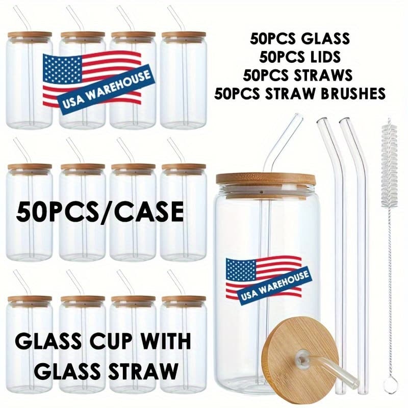 TEMU 50pcs 16oz Shaped Glass Cups With Bamboo Lids And Glass Straws Suitable For Iced Coffee Juice Tea Milk Best Gifts