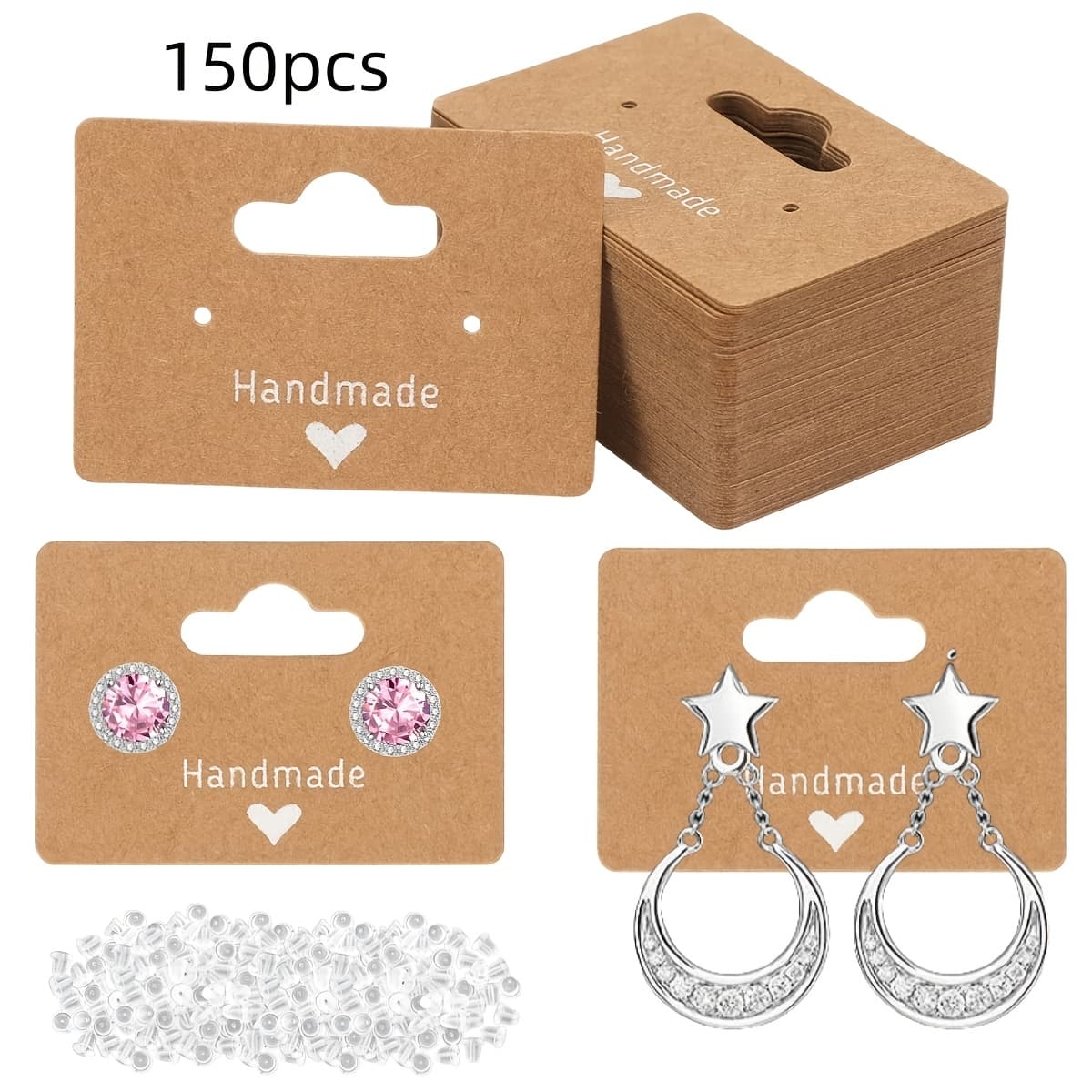 TEMU 150pcs Earring Cards Kit - 50pcs Brown Earring Display Cards, 100pcs Rubber Earring Backs, Jewelry Display Cards For Selling, Hanging Earrings