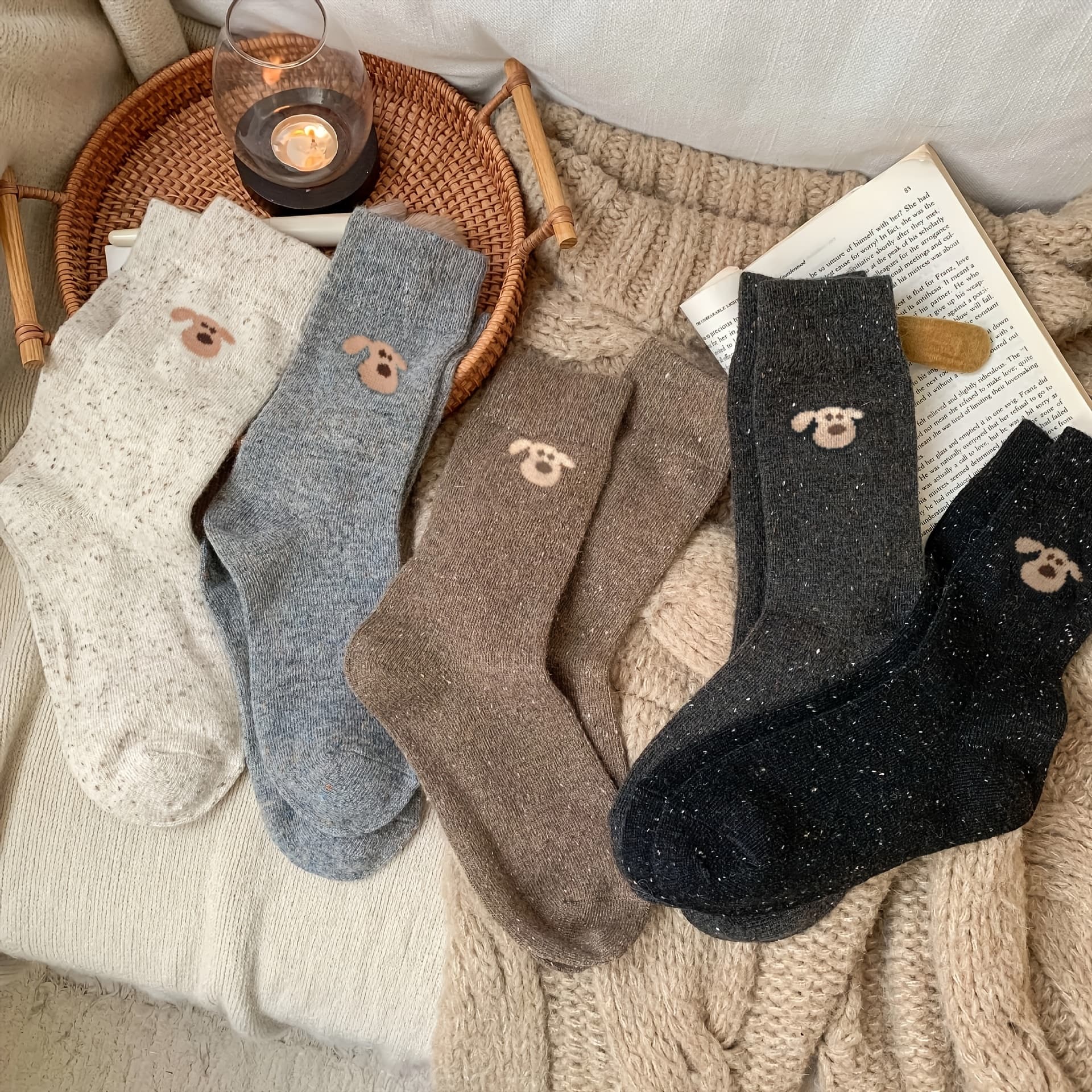 TEMU 5 Pairs Of Coffee Color Yarn Thick And Warm In Autumn And Winter Korean Cute Puppy Stockings.