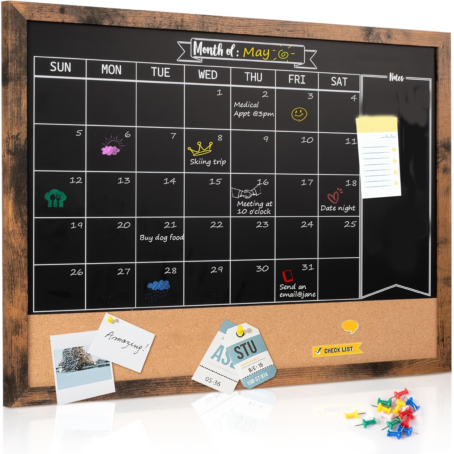 TEMU Versatile 18"x24" Wall-mounted Chalkboard & Cork Board Combo - Monthly Planner With Pens, For Home, Office, Kitchen, School Organization