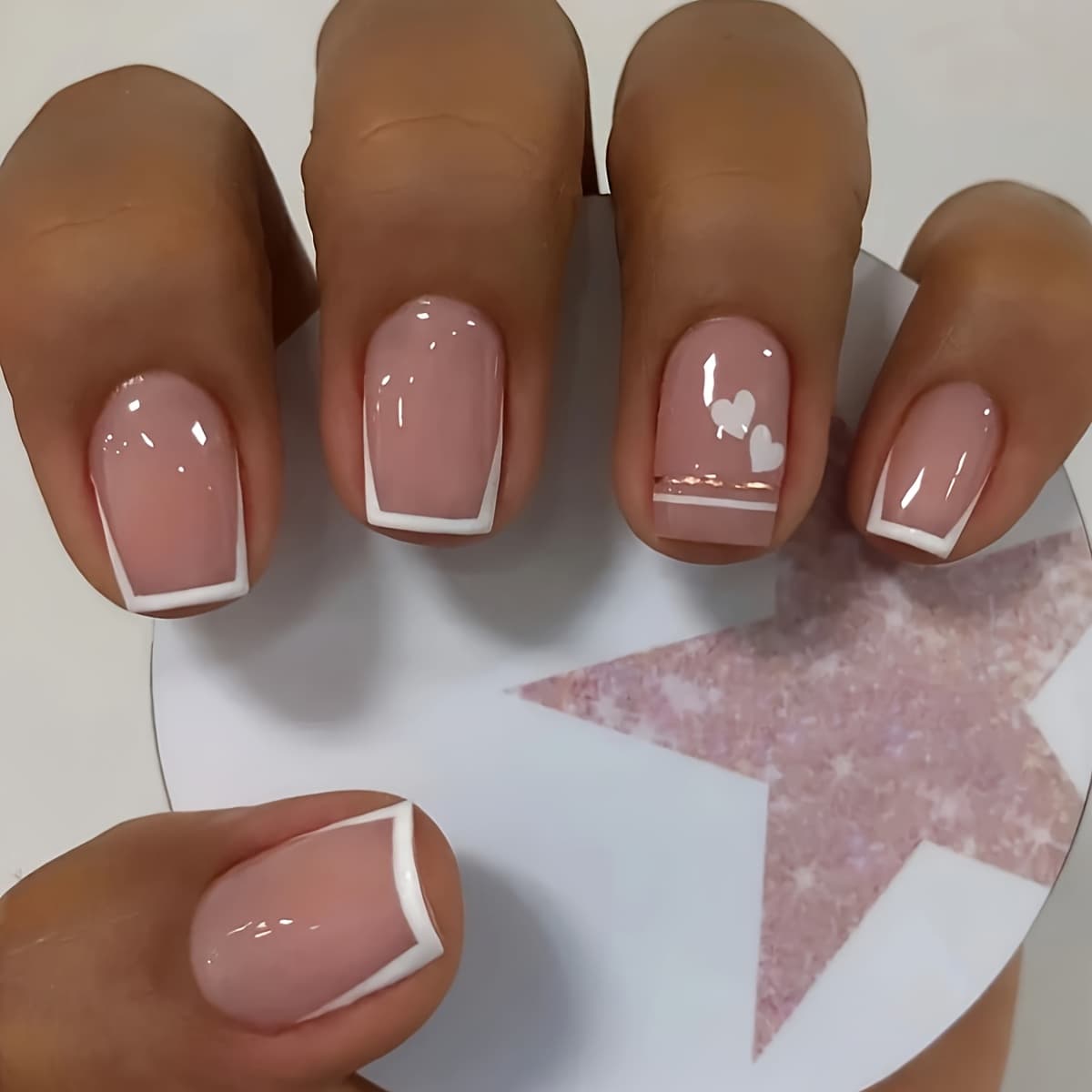 TEMU 48pcs Short Square French Patch Nail Art - White , Soft Pink And Golden Accents, Glossy Fake Nails For Daily Or Special Occasions