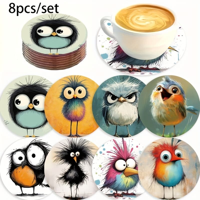 TEMU 8pcs Cute Bird Wooden Coasters Set | Adorable Design | Heat-resistant Drink Pads | Scandinavian Home Decor | Unique Birthday Gift | Perfect For Picnics And Parties