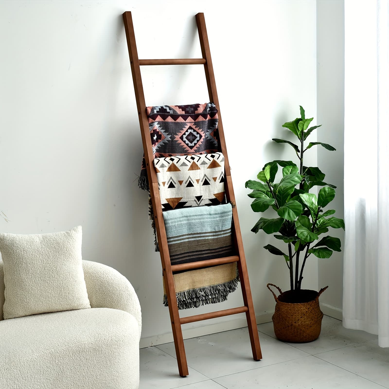 TEMU 6ft Wooden Natural Blanket Ladder Living Room Decorative Wall Farmhouse Quilt Display Holder Rustic Wood Towel Rack For Bathroom