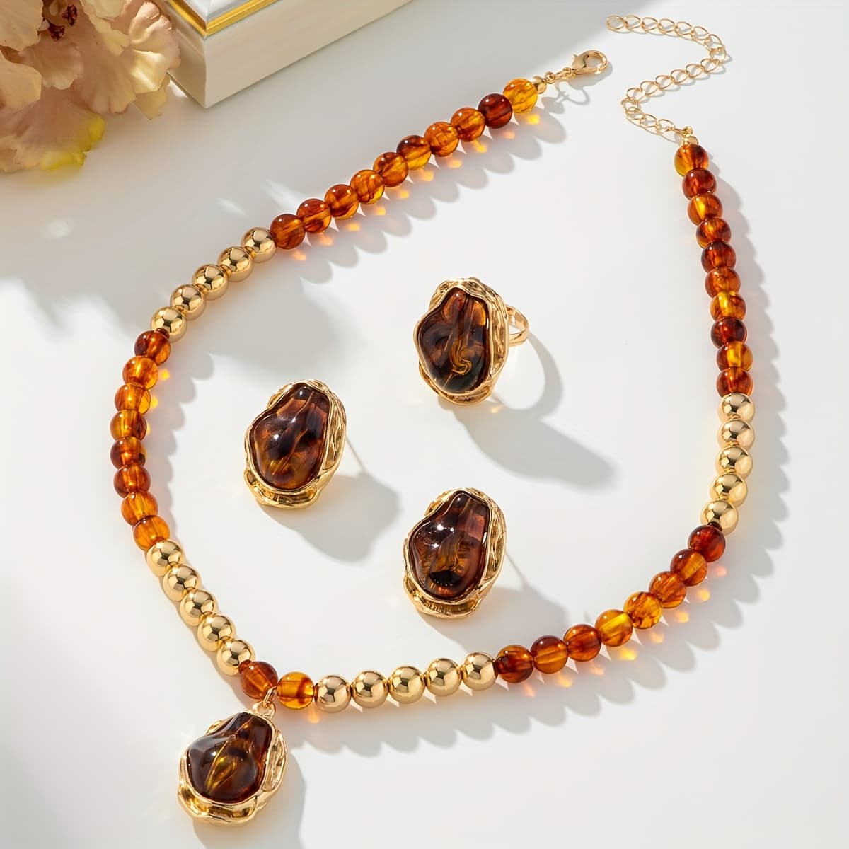 TEMU 4pcs Retro Elegant Irregular Artificial Earrings Necklace Ring Set, Perfect For Women' Wear Party Gift